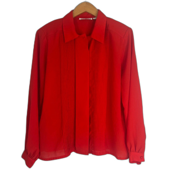 Christie & Jill Pleated Front Power Red Long Sleeve‎ Button Front Blouse Size 14 - Picture 1 of 9
